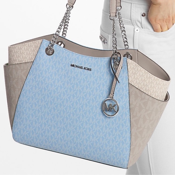 Michael Kors Jet Set LG Color-Block Signature Logo Shoulder Bag Light Sky Multi - Picture 5 of 11